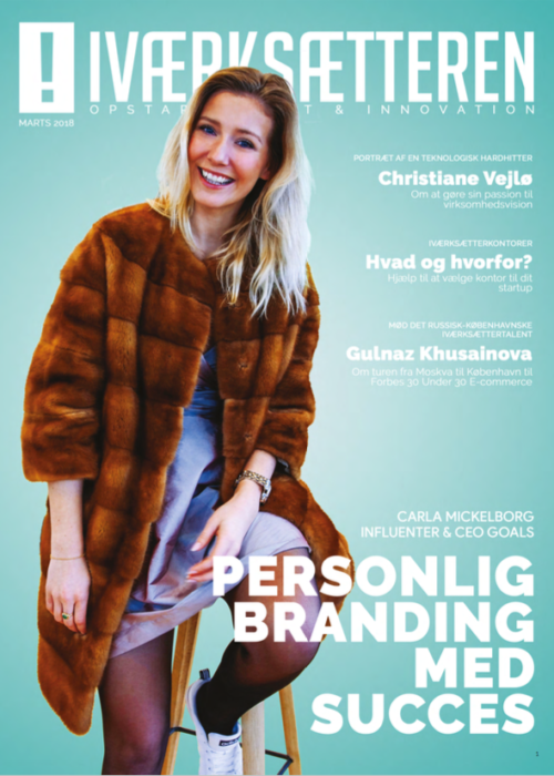 Carla Mikkelborg på forsiden af Iværksætteren der udgives af Dansk Iværksætter Forening. Forsiden er fra marts 2018