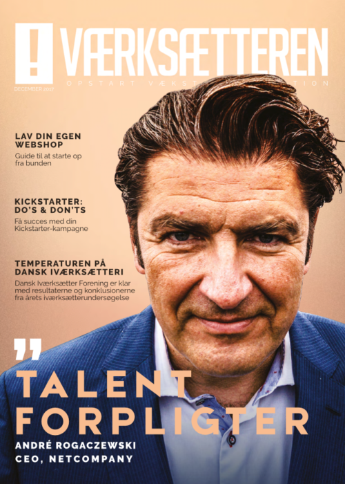 Iværksætteren André Rogaczewski på forsiden af magasinet Iværksætteren af Dansk Iværksætter Forening, December 2017